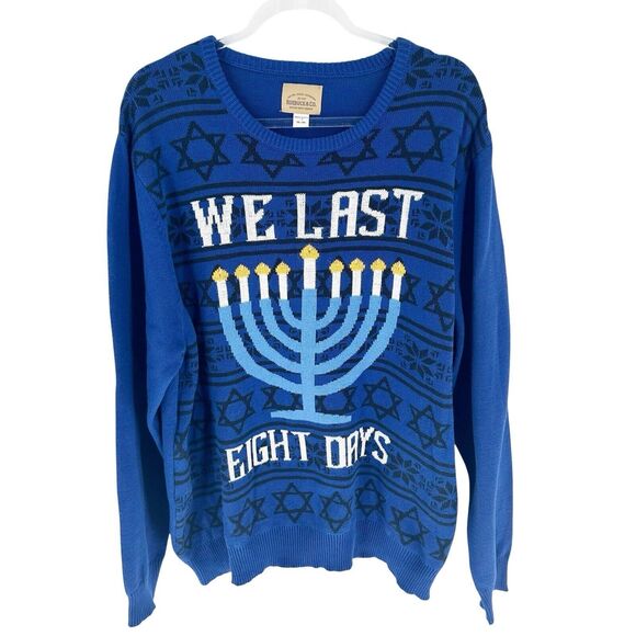 Roebuck Co Sweater Mens 2XL Blue Hanukkah We Last Eight Days Ugly Holiday NEW - Picture 1 of 13